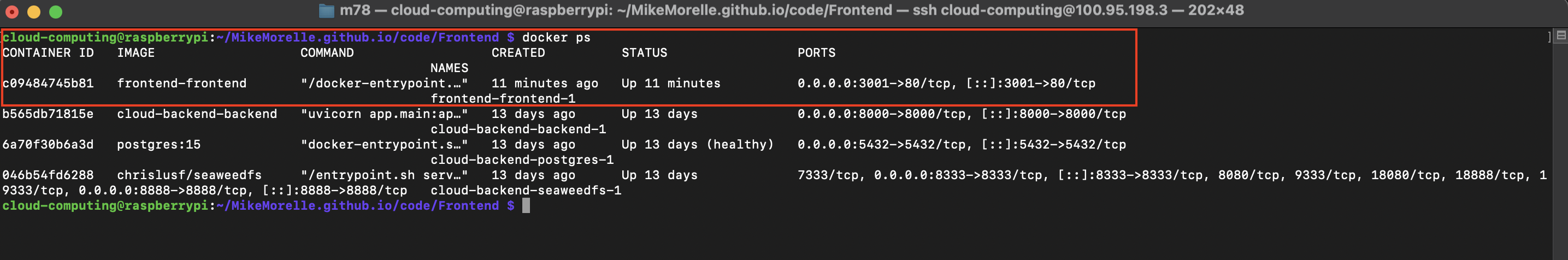 Screenshot: Docker Desktop showing docker ps output on the master node